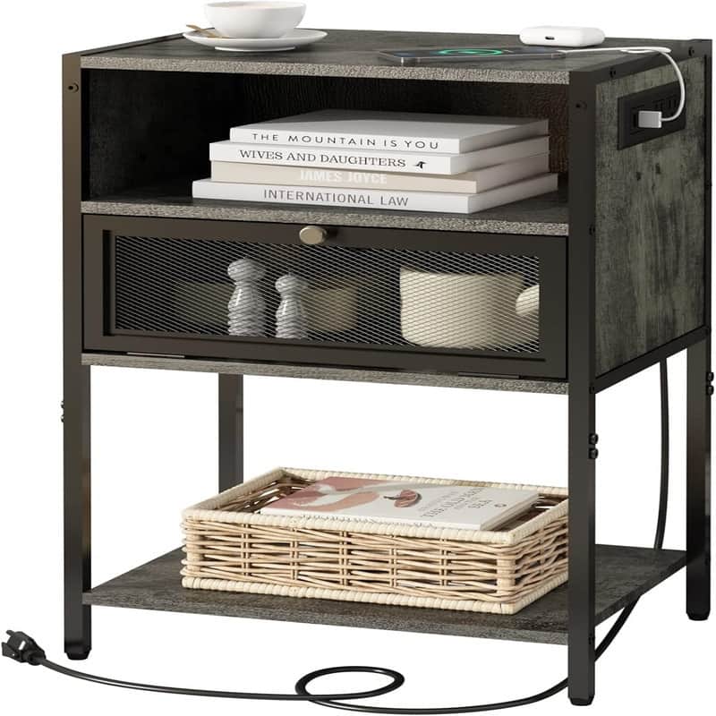Nightstand with Charging Station - Dark Grey