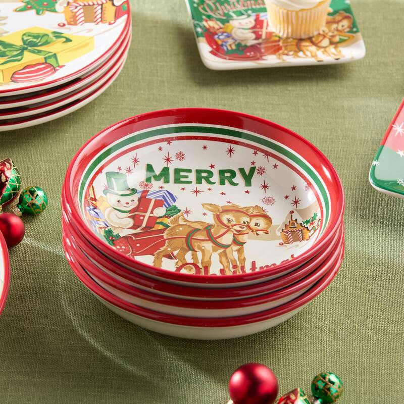 Certifed International Santa's Retro Christmas Set of 4 Soup/Cereal Bowls 9" x 2" 4 Assorted Designs - 9 L x 9 W x 2 H