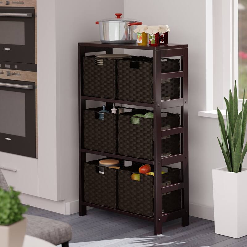 Leo 7-Pc Storage Shelf with 6 Foldable Woven Baskets, Espresso and Chocolate - 25.2 x 11.22 x 42 inches