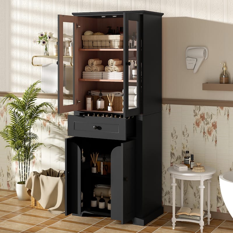 GDFStudio - Mary 63" Tall Bathroom Storage Cabinet with Glass Doors, Two Drawers, and Adjustable Shelves - 67.2" - Black