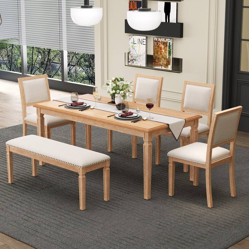 6-Piece Vintage Extendable Dining Table Set with a 13" Leaf, 4 Chairs and 1 Bench - Natural Wood Wash