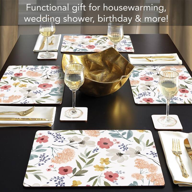 Meadow Pink Decorative Hardboard Placemats with Protective Cork Backing 4 Pack Heat Tolerant and Easily Wipes Clean