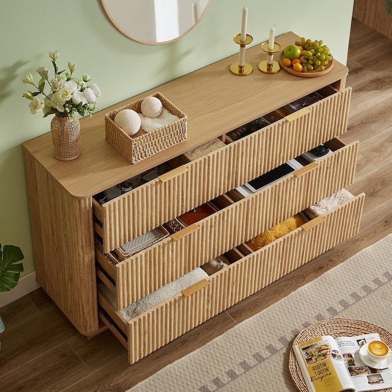 Anmytek Natural Wooden 6-Drawer Double Dresser with Wavy Drawers