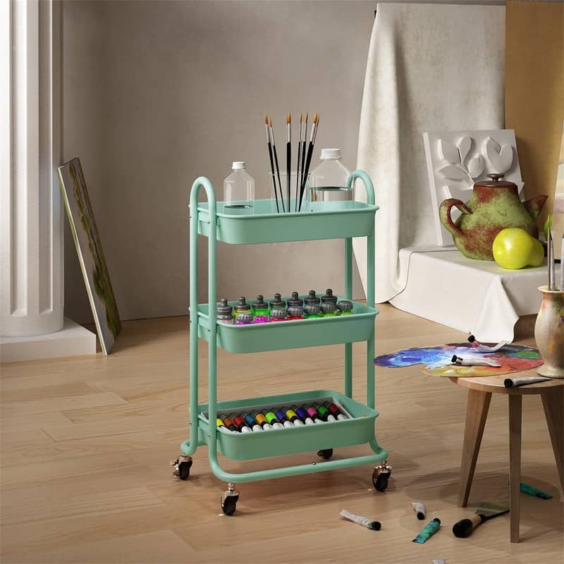 3-Tier Metal Utility Rolling Cart - 11.4"D x 18"W x 31.2"H - Green - Alloy Steel & Polypropylene