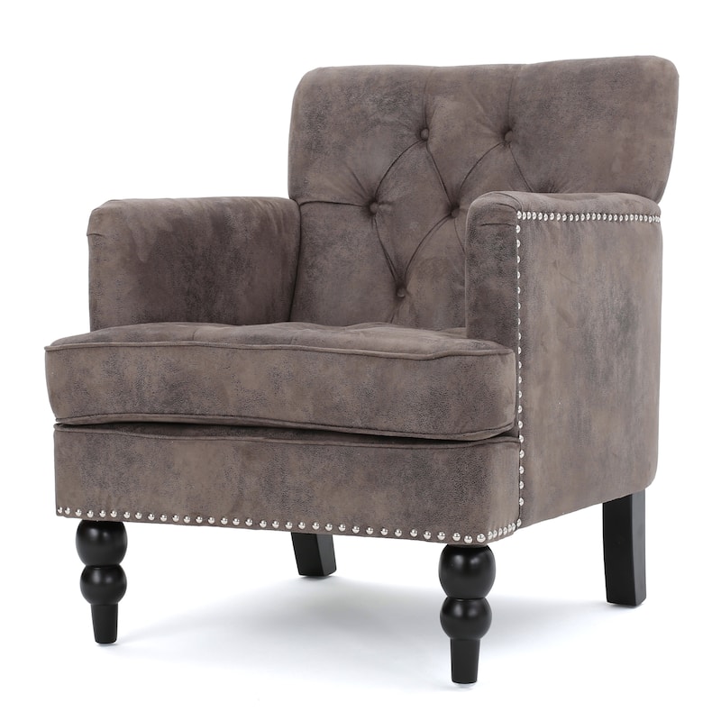 Grey+Brown Modern 28" Upholstered Button Tufted Club Chair with Nailheads and Birch Wood Legs