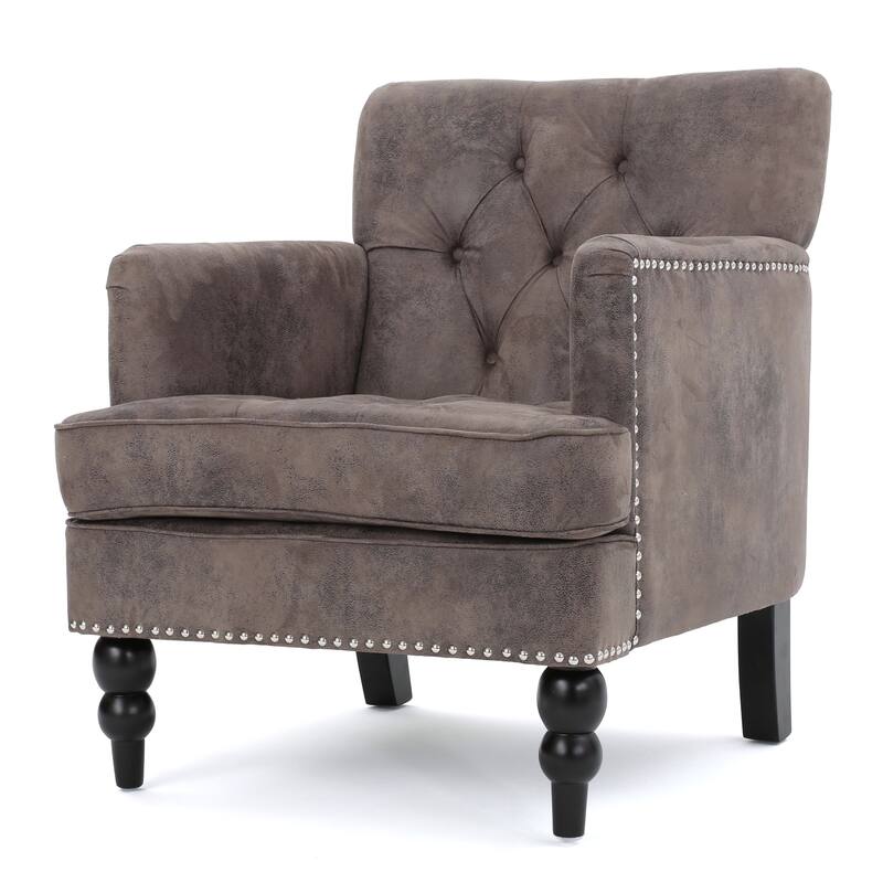 Modern 28" Upholstered Button Tufted Club Chair with Nailheads and Birch Wood Legs