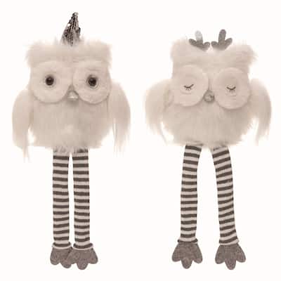 Transpac Plush Winter Owl Shelf Sitter Set of 2 Christmas Home Decorations