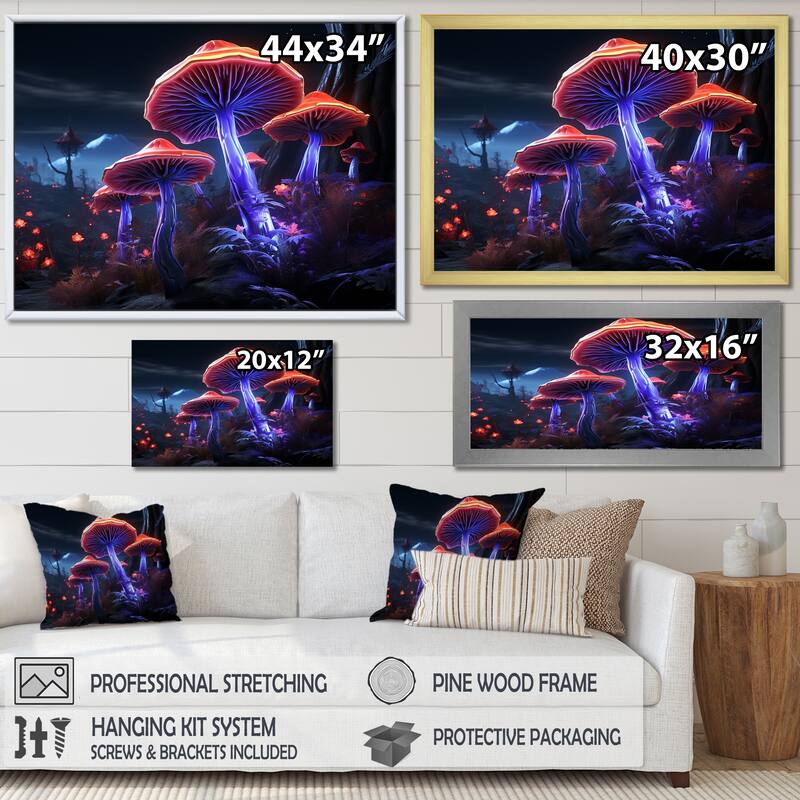 Designart "Magical Mushrooms Glowing Midnight Forest I" Mushroom Canvas Art Print