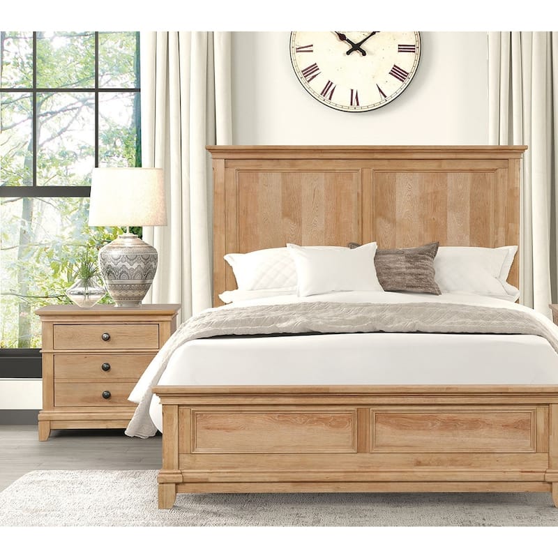 Farmhouse Natural Oak Finish Bedroom Set Bed Nightstand Dresser Mirror Chest - Queen - 6 Piece