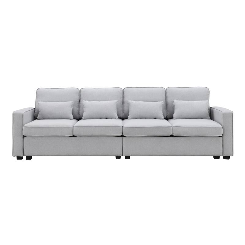 Modern 4 Seater Sofa with Sturdy Plastic Legs, Modern Linen Fabric Sofa with Armrest Pockets & 4 Pillows, Minimalist Style Couch
