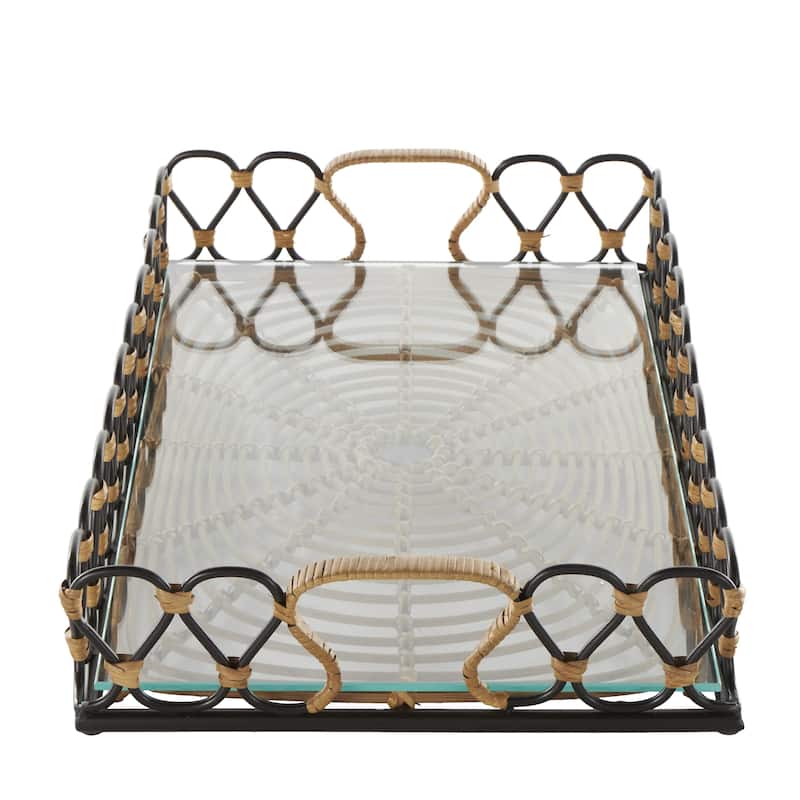 Metal Circular Woven Living Room Decor Tray with Glass Base - Black - Roche River Decor
