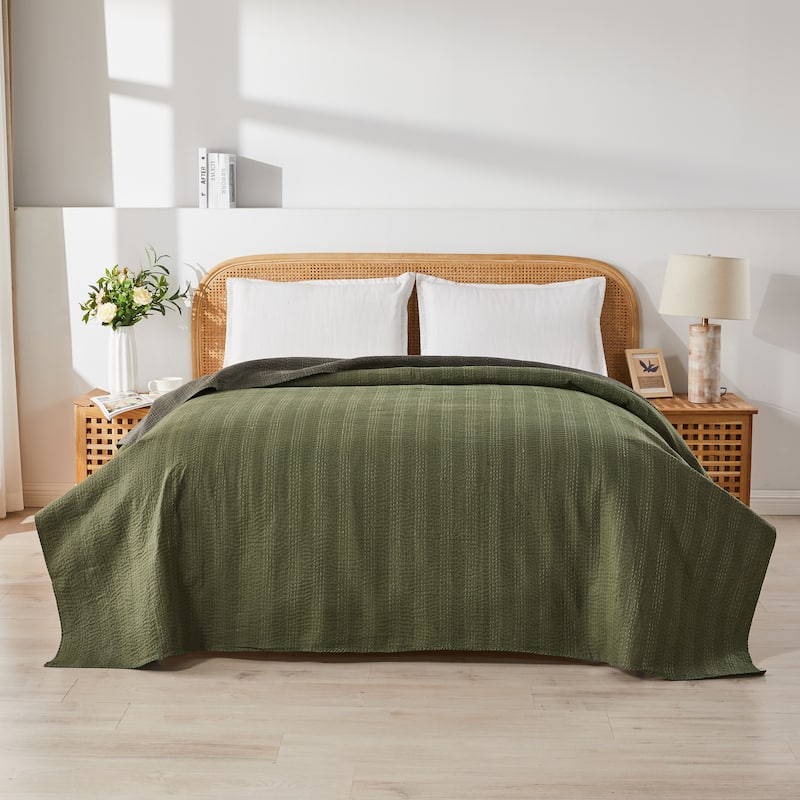 Melange Hand Craft Kantha Collection Soild Reversible Coverlet and Sham - Green Coverlet Only - Queen - 1 Piece