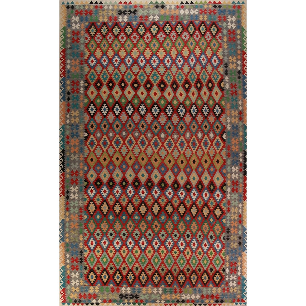 Geometric Multi-Color Kilim Oriental Large Rug Flatweave Wool Carpet - 10'0"x 16'1"