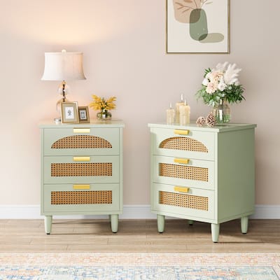 Wood and Rattan 3-drawer Nightstand Bedside Table (Set of 2）