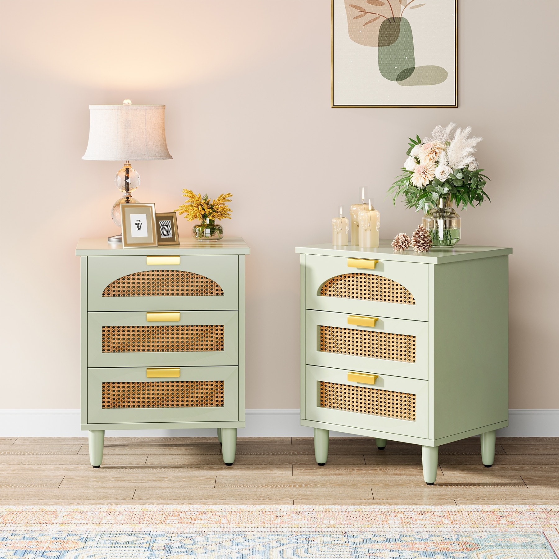 Wood and Rattan 3-drawer Nightstand Bedside Table (Set of 2）