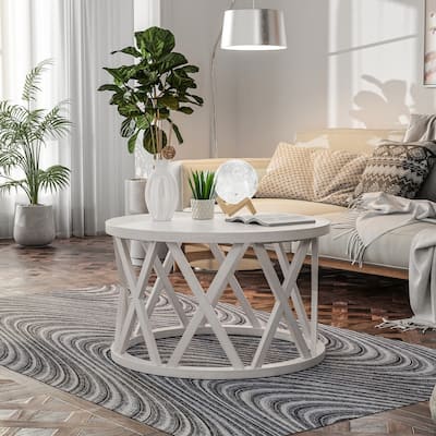 COZAYH Farmhouse End Table, Rustic Round Coffee Table with X-Motifs Legs, Wood Textured Top for Boho, French Country Decor