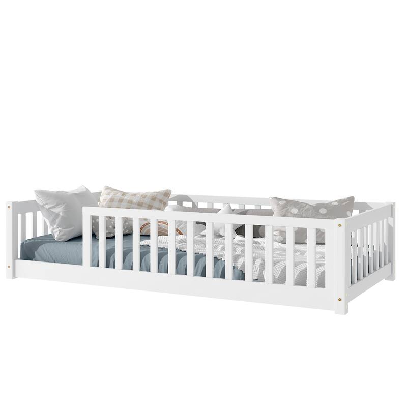 Twin Size Rubber Wood Floor Bed - Fence (No Door) & Safety Guardrails