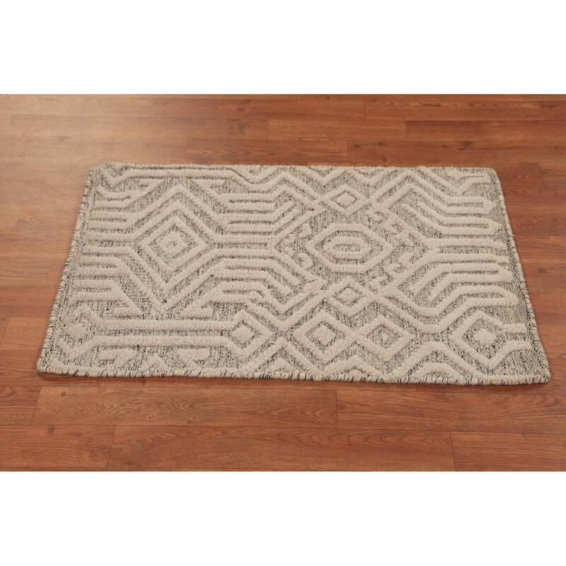 Geometric Moroccan Oriental Foyer Rug Hand-Knotted Beige Wool Carpet - 2'0"x 3'0"
