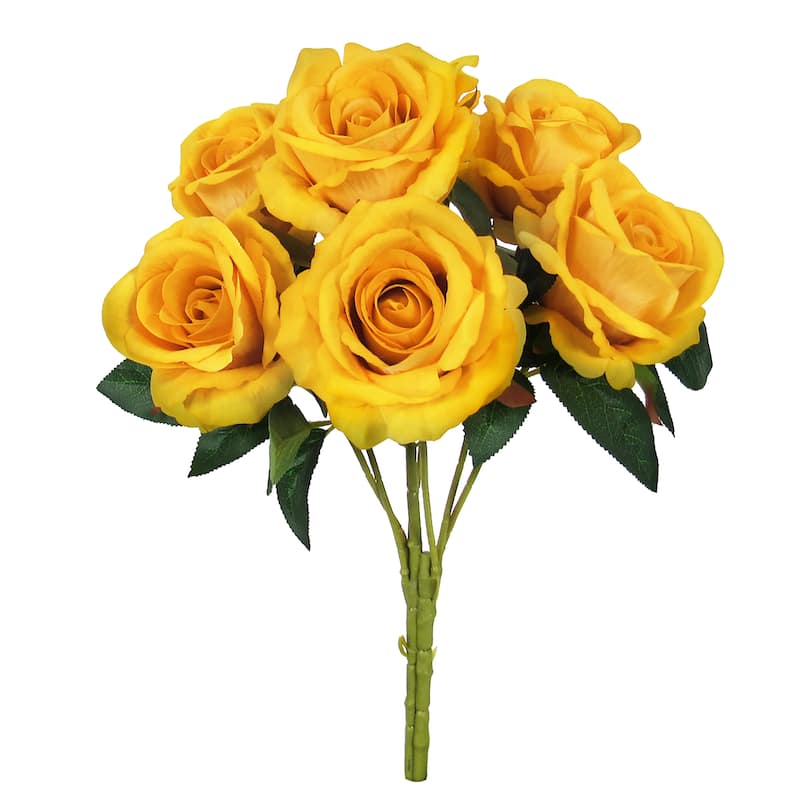 Set of 2 Yellow Artificial Velvet Rose Flower Stem Bush Bouquet 16in - 16" L x 11" W x 11" DP