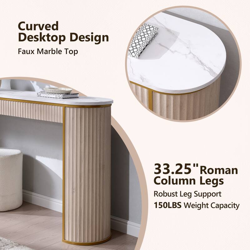 Modern 63" Fluted Console Table, Faux Marble Texture Top, Entry Table