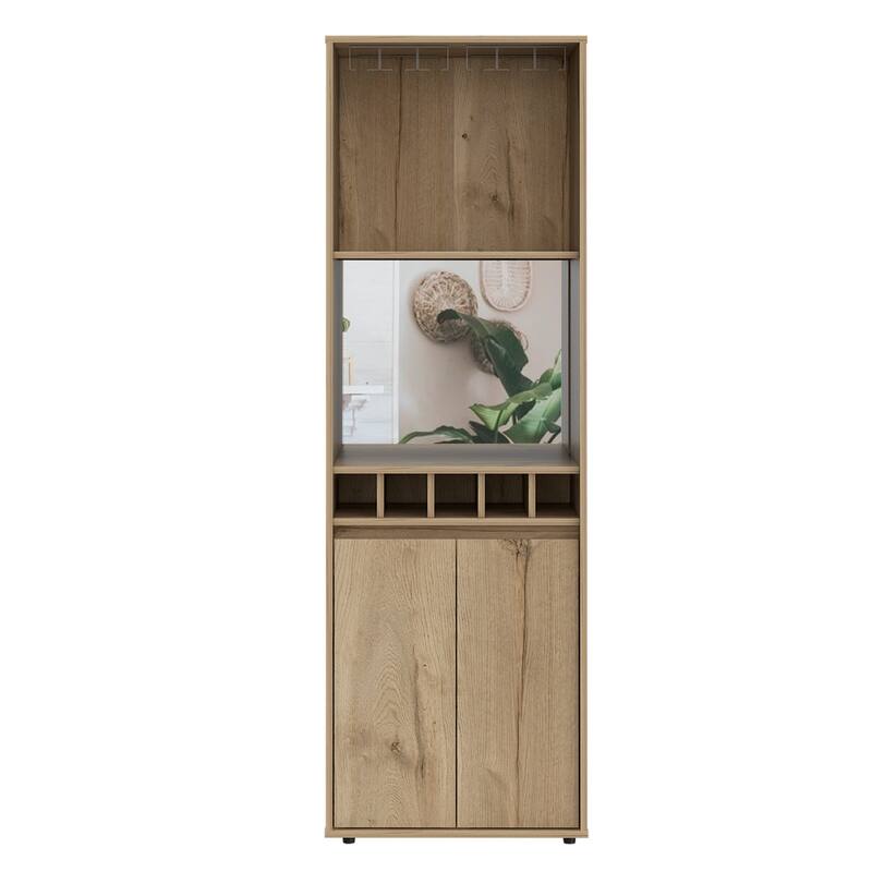 Redding Bar Cabinet, One Cabinet, Interior Shelves, Five Bottle Cubbies, Two Shelves, Light Oak