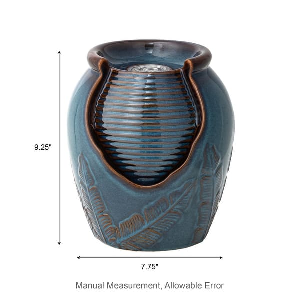 dimension image slide 1 of 3, Glitzhome Leaf Textured Ceramic Jar Indoor Tabletop Water Fountain with LED Lights