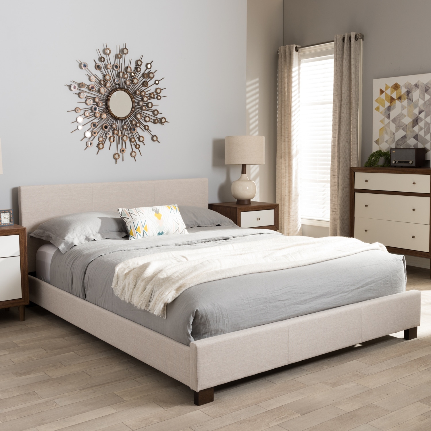 Farmhouse Platform Bed - Beige Upholstered Full Size Bed with Wooden Legs