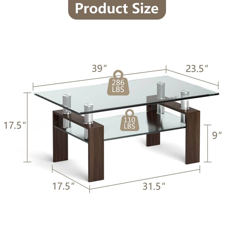Rectangle Glass Coffee Table with Metal Legs for Living Room - 39" x 23.5" x 17.5"