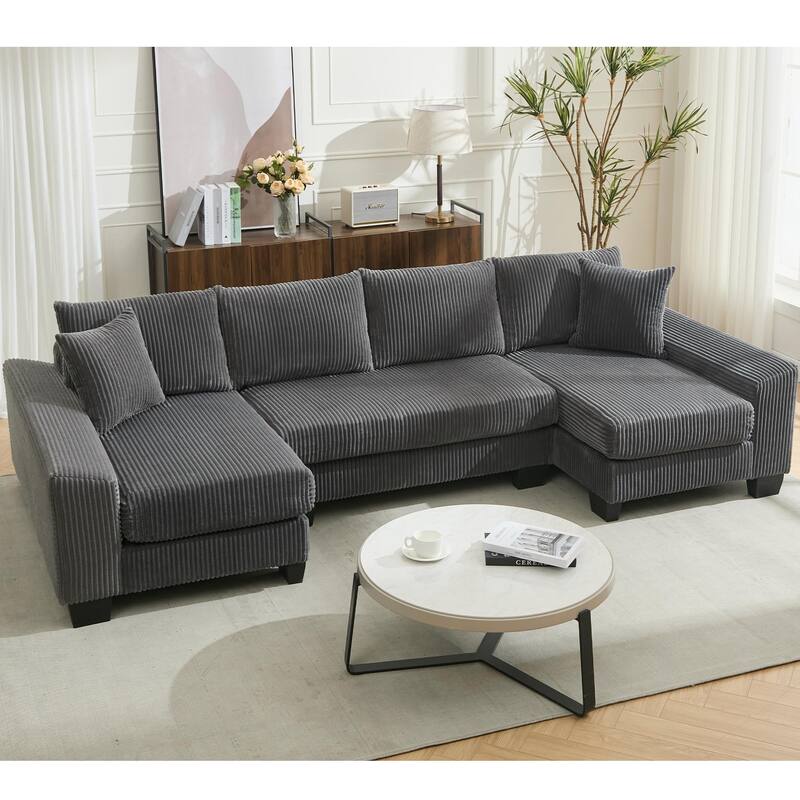 U Shaped Sofa Convertible Pull Out Sleeper Sofa Bed, 2 in 1 Recliner Sectional Couch, Corduroy Upholstery Daybed with Pillow