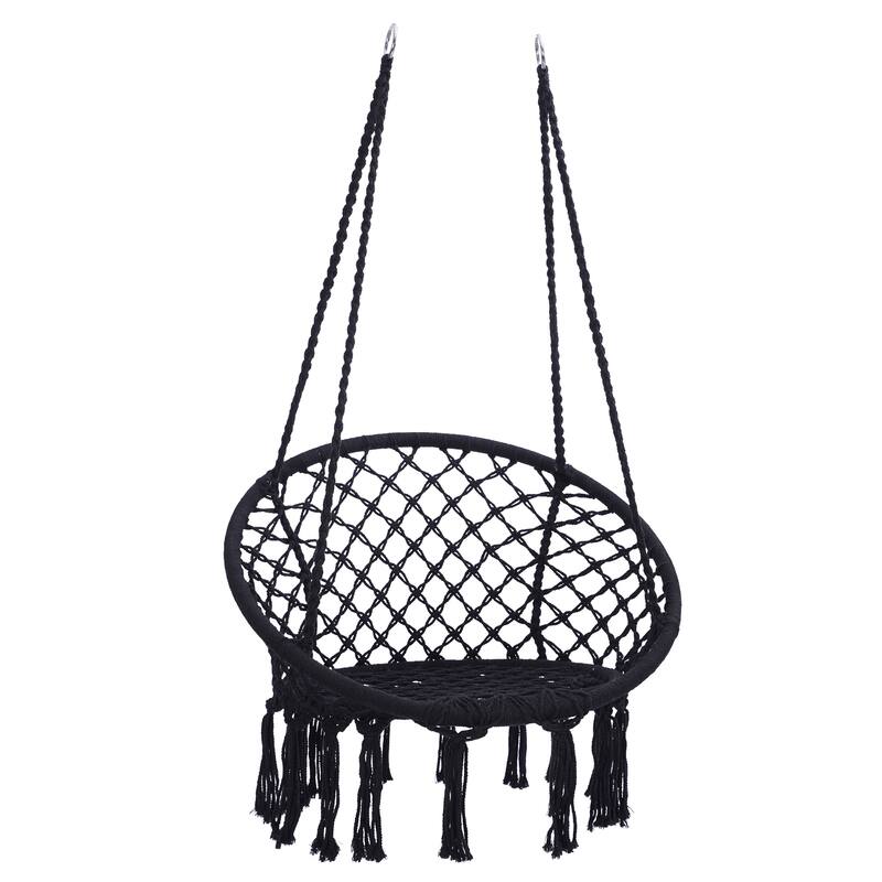 Hammock Swing Chair Hanging Chair with Fringe, Handwoven Hanging Seat with Arched Backrest & Cotton Rope - Black