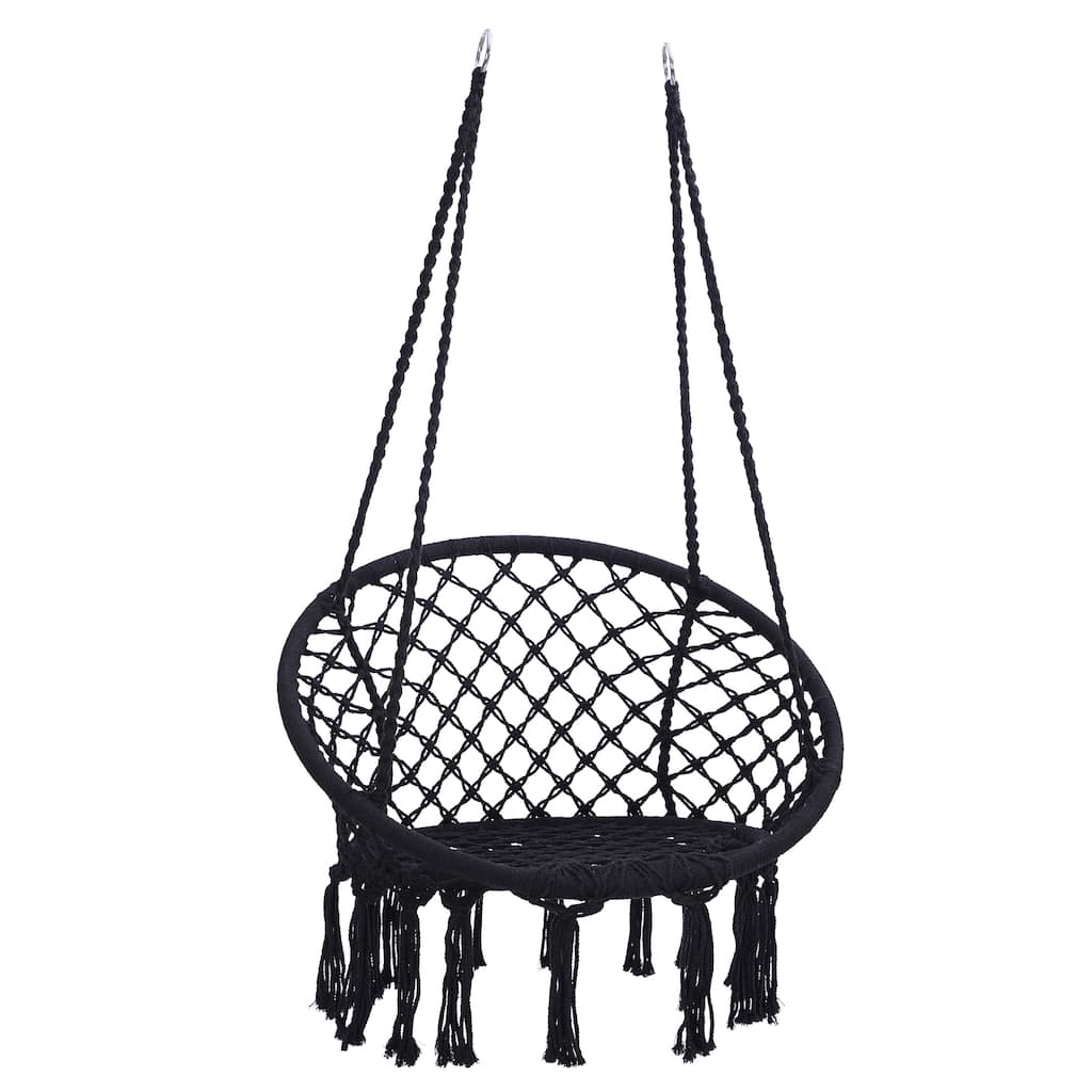 Hammock Swing Chair Hanging Chair with Fringe, Handwoven Hanging Seat with Arched Backrest & Cotton Rope