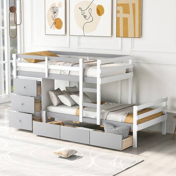 slide 2 of 30, Twin over Twin Size Pine Wood Loft Bunk Bed with Drawers and Ladder for Bedroom Gray