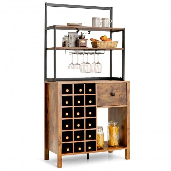 Kitchen Bakers Rack Freestanding Wine Rack Table with Glass Holder and Drawer - 31" x 16" x 64" (L x W x H)