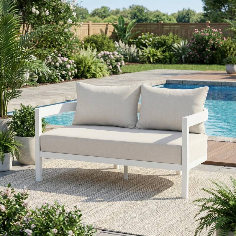 Christopher Knight Home - Modern 52.6" Outdoor Curved Back 2-Seater Loveseat with Aluminum Frame & Water-Resistant Cushions
