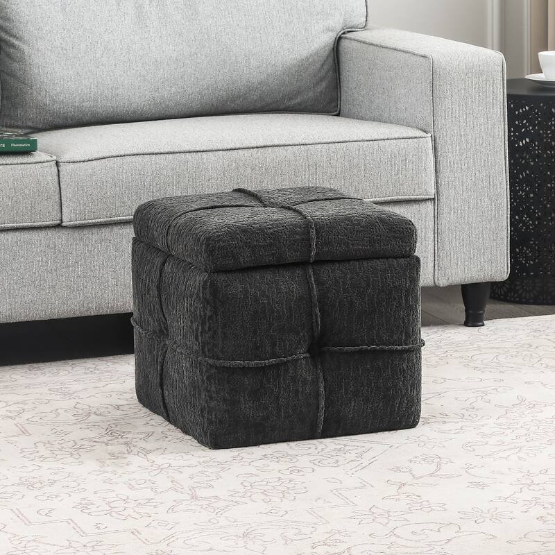 Adeco Boucle Storage Ottoman Footstool for Living Room - Dark Grey