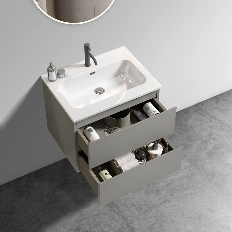 36-Inch Wall Mount Bathroom Vanity in Space Grey with Ceramic Sink, Large Storage