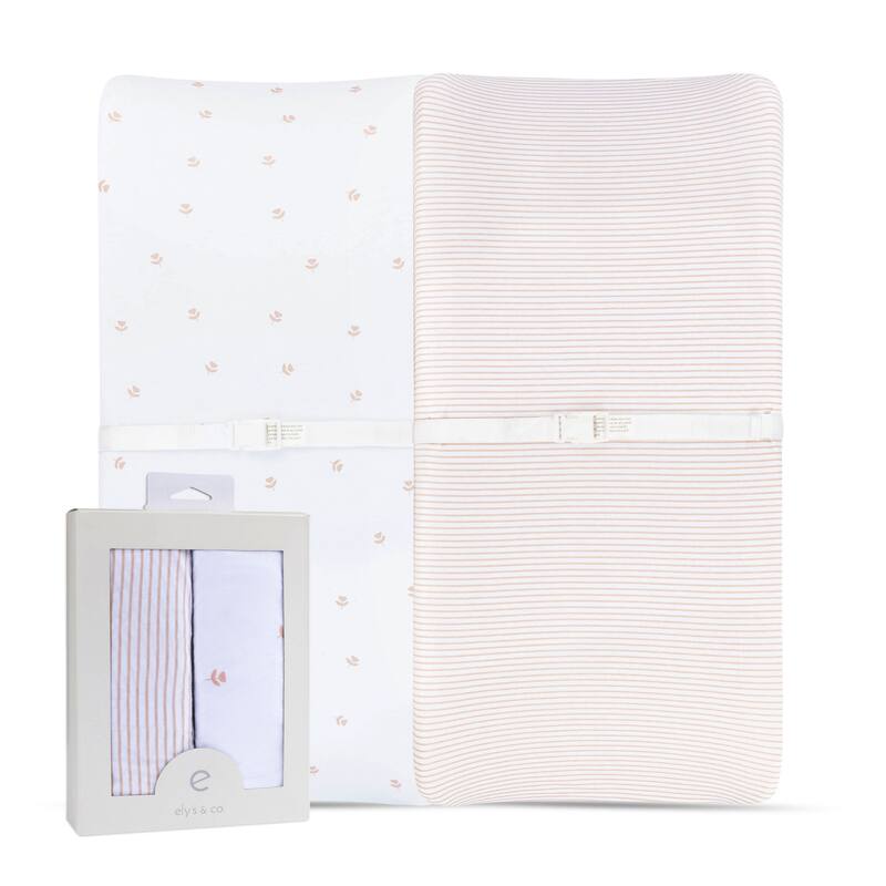 Ely's & Co. Baby Fitted Changing Pad Cover - Cradle Sheet Set - 2 Pack - 32" x 16" - Pink Tulips & Stripes