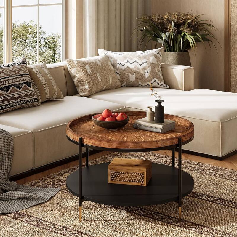 31.5-Inch Boho Solid Wood Round Coffee Table with Metal Storage Frame & Carved Floral Pattern for Small Spaces, Apartment