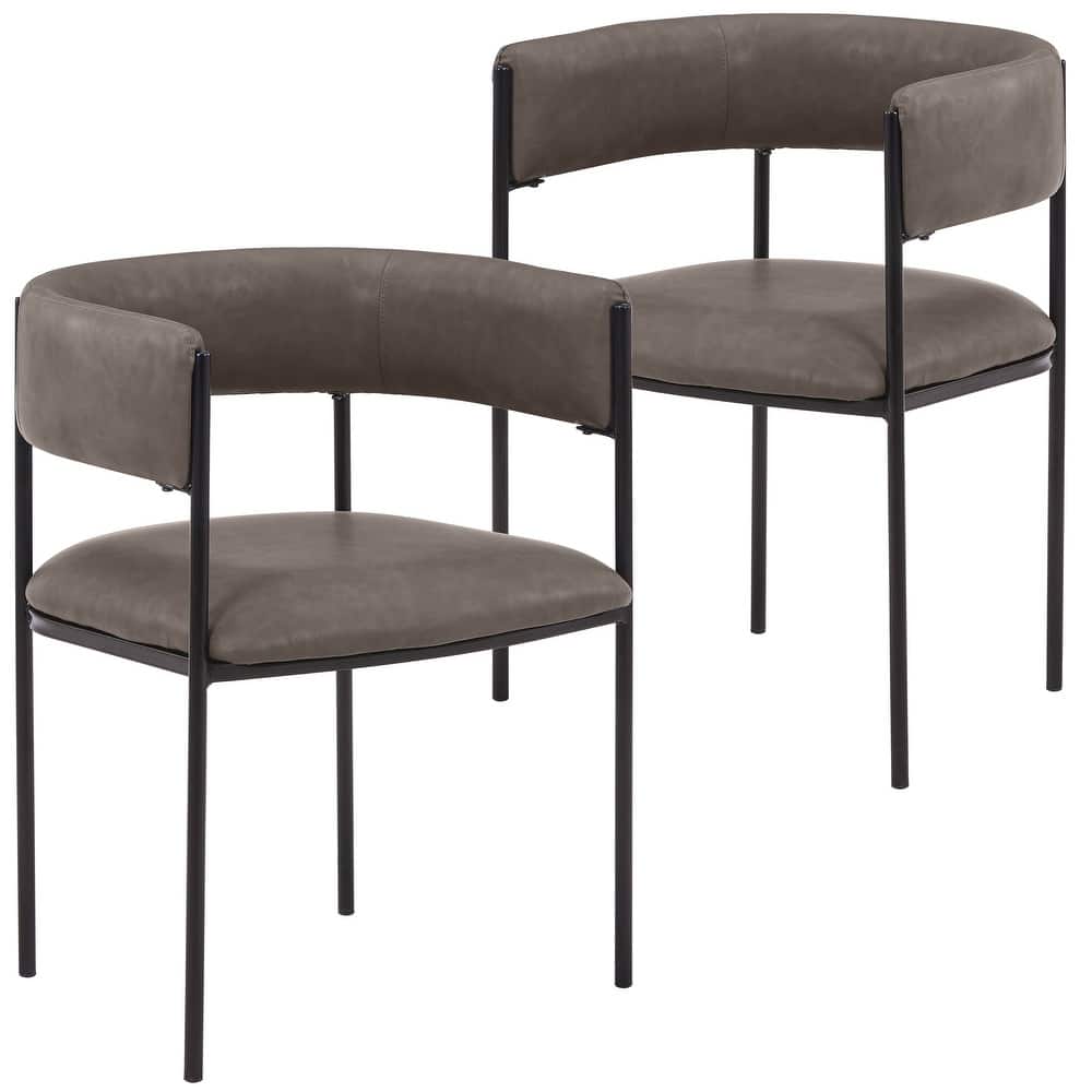 Cyril Modern U-Shaped Velvet, Fabric, or Leather Upholstered Dining Chair with Open Back and Black Iron Metal Legs (Set of 2)
