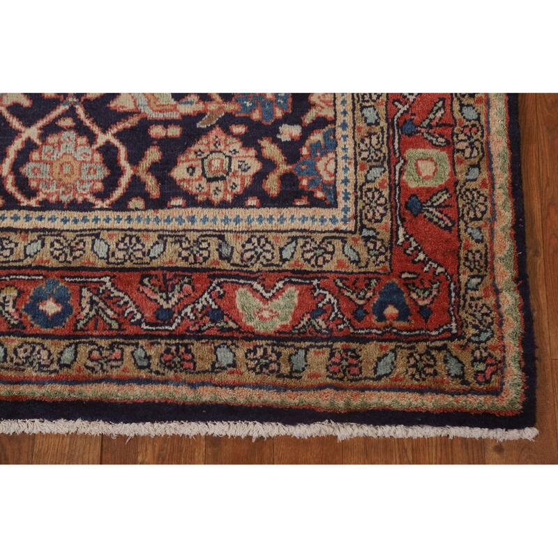 Hand Knotted Oriental 100% Wool Carpet Traditional Geometric Navy Blue & Blues Mahal Runner Rug - 10' 11'' X 3' 11''