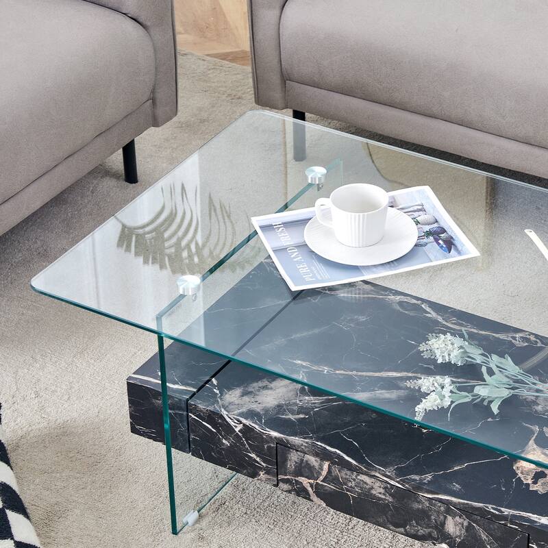 43.3 Inch Modern 2 Layer Coffee Table Marble Texture Coffee Table with Tempered Glass Tabletop and Drawer, for Living Room