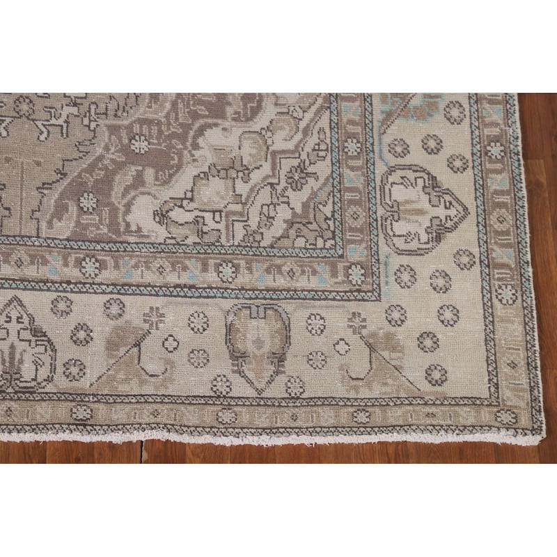 Distressed Beige Tabriz Persian Vintage Rug Handmade Wool Carpet - 6'5"x 9'7"