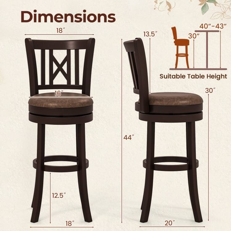Coffee & Brown Swivel Bar Stools Rubber Wood Counter Chairs with Backrest & Footrest