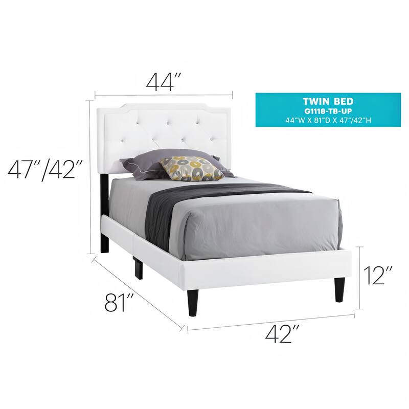 White Twin Bed with Tufted Headboard and Adjustable Height, All in One Box