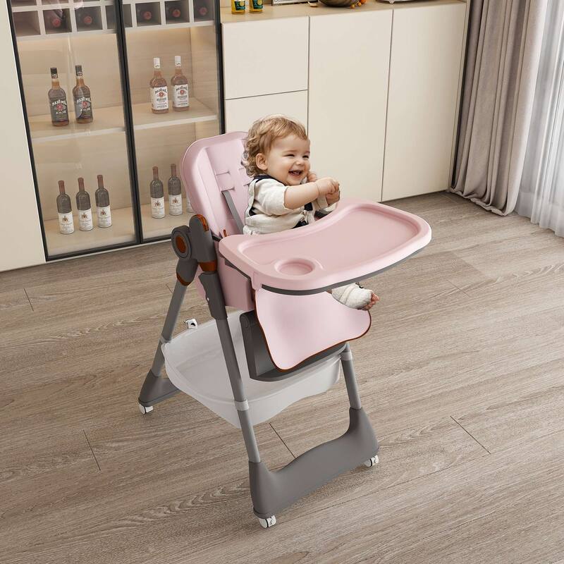 Adjustable High Chair for Babies Aged 0-6 Years with Safety Belt and Lockable Wheels