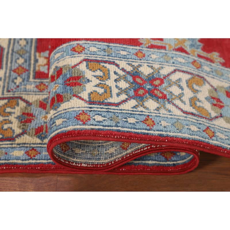 Geometric Red Kazak Foyer Rug Hand-Knotted Oriental Accent Wool Carpet - 3'2" x 4'9"