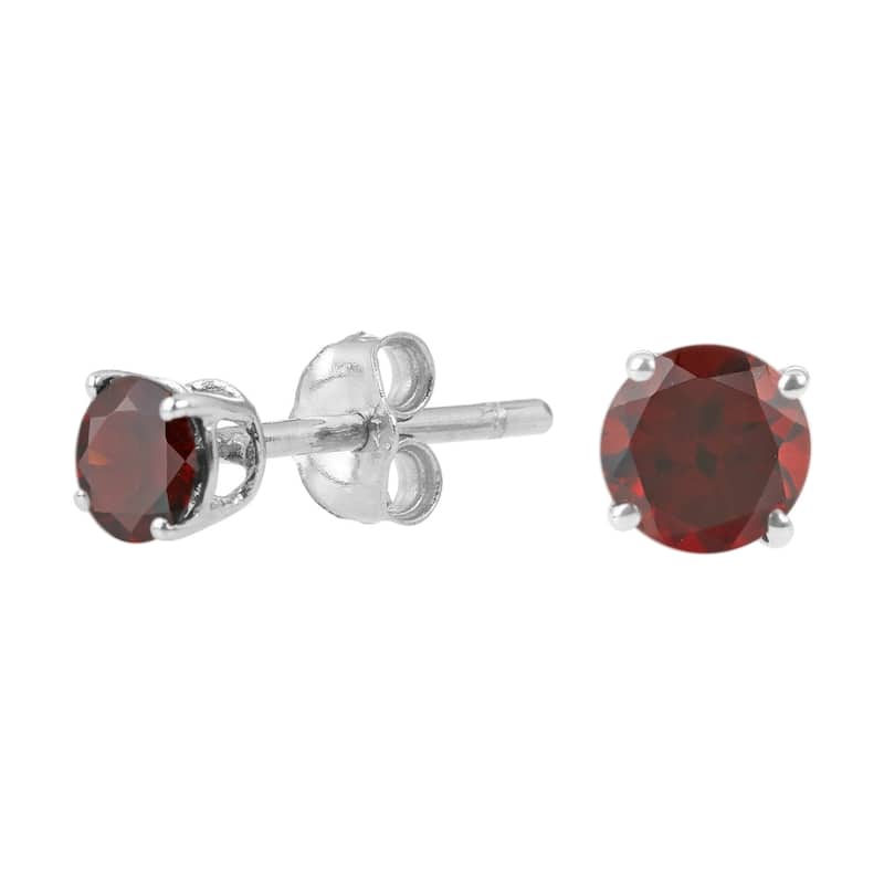 Sterling Silver Round 4mm Gemstone Birthstone Stud Earrings - Red - Garnet