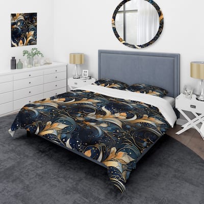 Designart "Midnight Blue And Golden Floral Marble Pattern II" Blue Glam Bedding Cover Set With 2 Shams