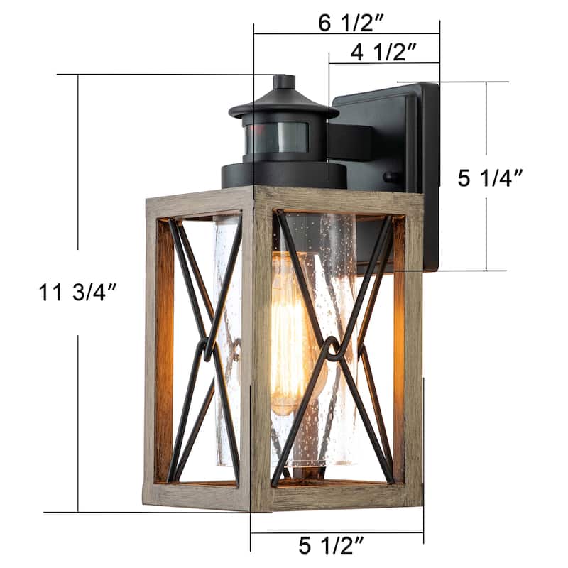 1-Light Black and Faux Wood Motion Sensor Outdoor Wall Sconce - Black&Faux Wood