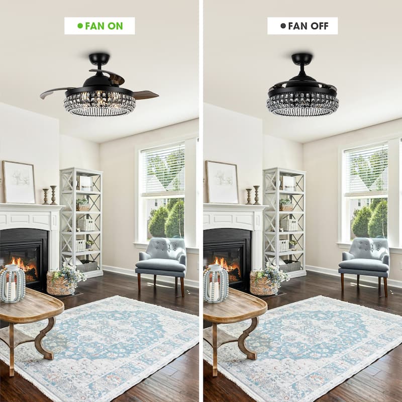Modern 3-Blade Matte Black Crystal Caged Retractable Ceiling Fan with Remote and Light Kit - 41.73-in W x 16.2-in H